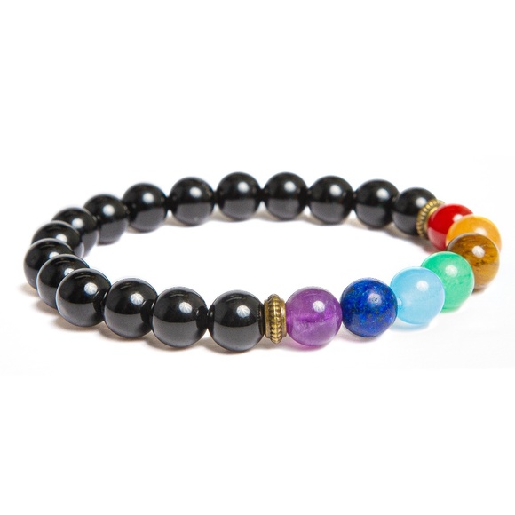 Chakra Bracelet with Black Agate Crystals - Unisex Stretch Bracelet - Picture 1 of 3